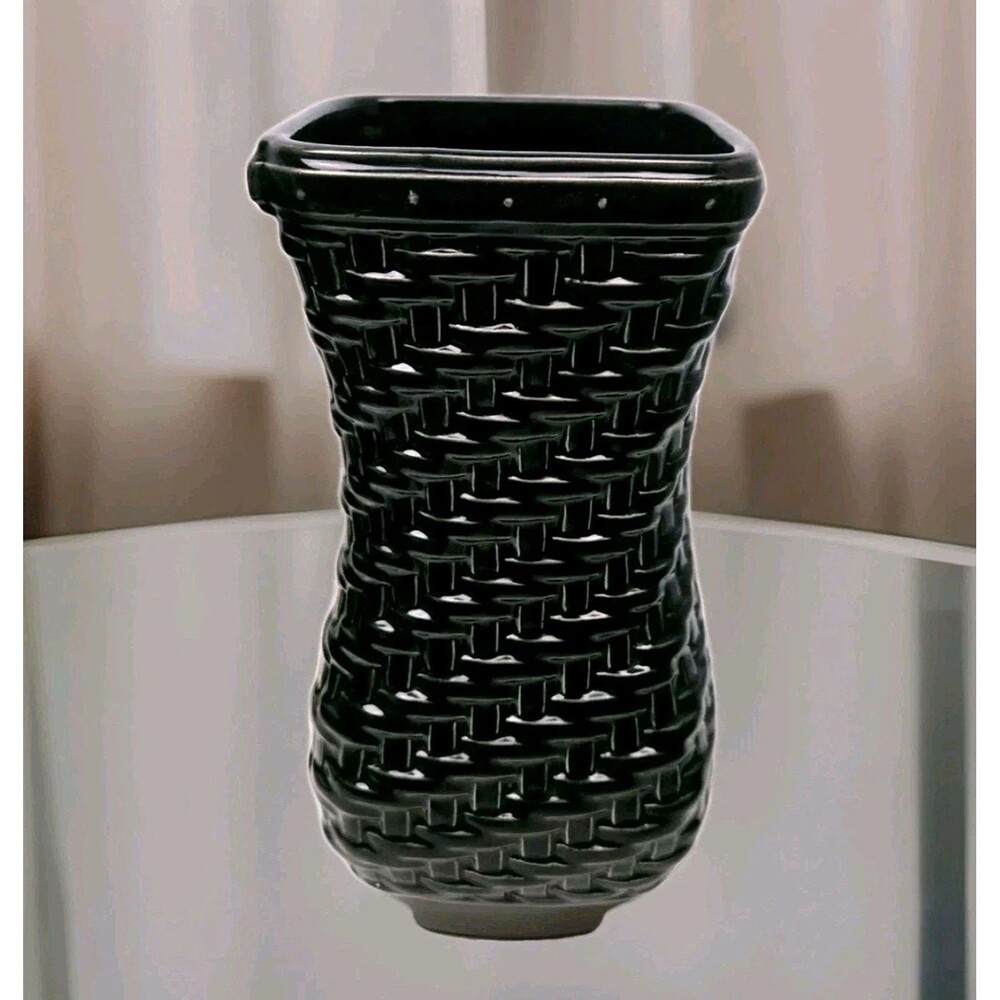 Longaberger Pottery Woven Reflections Vase Ebony Black Embossed Basketweave 8.25